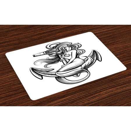 Anchor Placemats Set of 4 Monochrome Long Haired Mermaid Motif Tattoo Art Design Ancient Greek Folklore, Washable Fabric Place Mats for Dining Room Kitchen Table Decor,Black and White, by (Best Place For Anchor Tattoo)