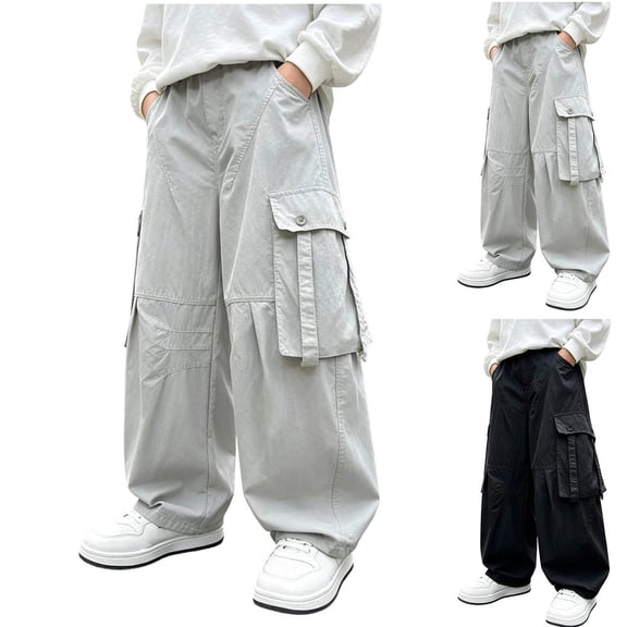 Yeaiivve Boys Baggy Parachute Pants Kids Wide Leg Cargo Pants Hip Hop Dance Pants Fashion Streetwear Jogger Trackpants with Multi Pockets 5-6 Years Black