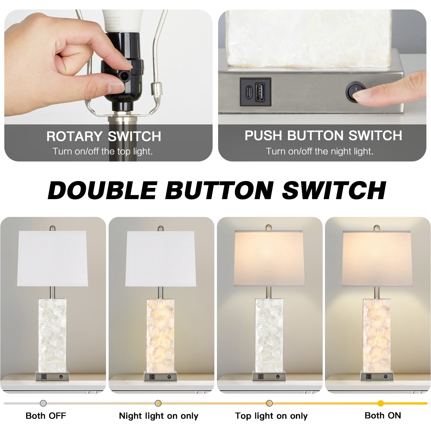Cinkeda 28" Coastal Table Lamps Set of 2, Seashell Bedside Lamps with Dual Lighting & USB A+C Ports, Modern Beach House Nightstand Lights in Silver