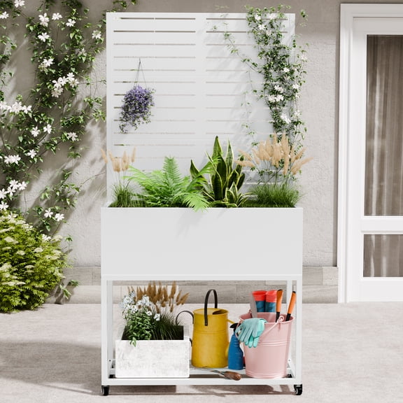 Chiccushion Metal Planter with Trellis, Outdoor Raised Garden Bed with Privacy Screen for Climbing Plants, Trellis Planter Box with Drainage Hole, White