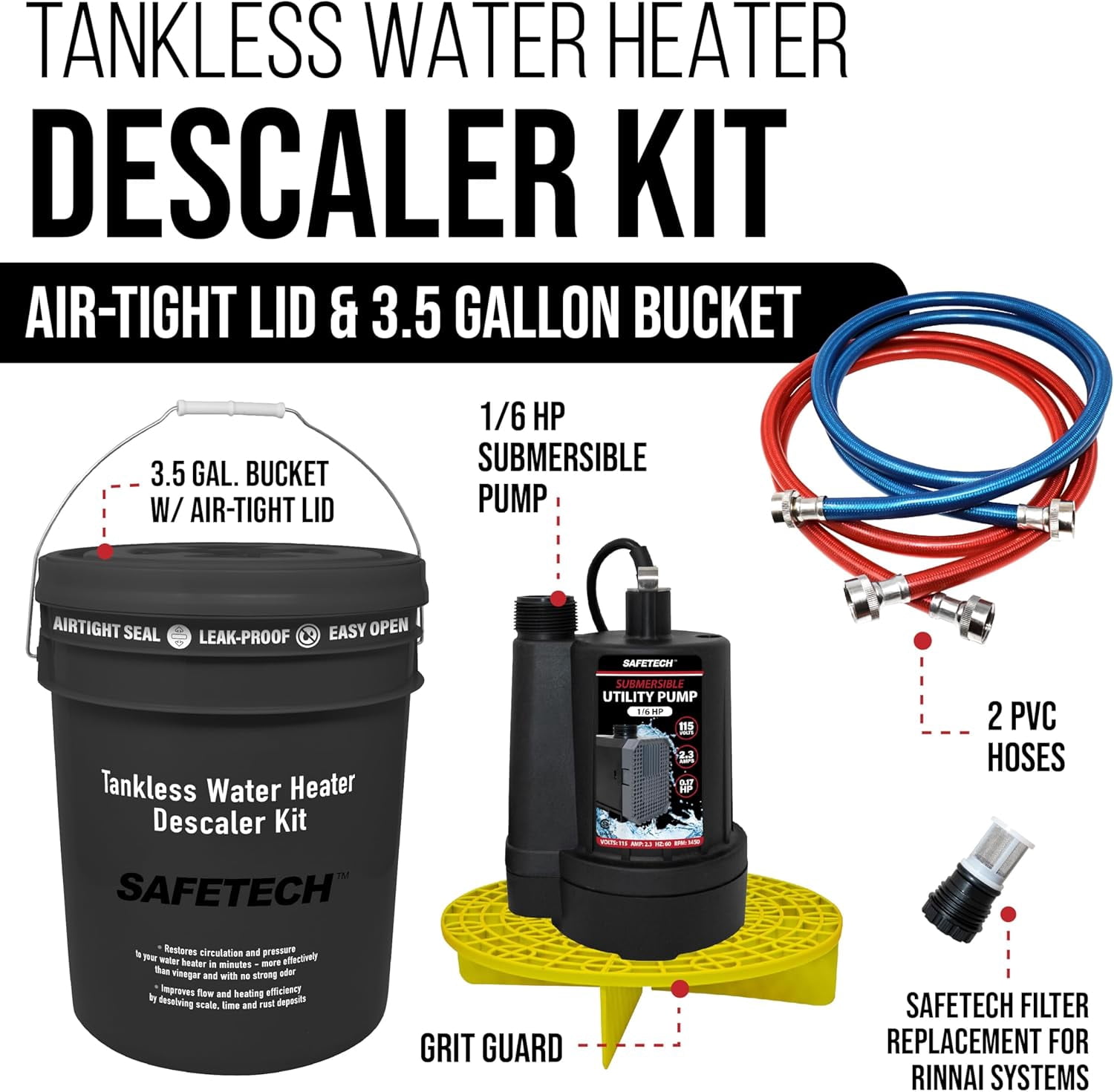 Safetech Tankless Water Heater Flushing Kit with Screw-Top Lid, Premium Braided Hoses, 1/6 HP Utility Pump, and Pump Grate - Just Add Vinegar