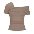 thumbnail image 6 of Lovskoo 2024 Women's One Off The Shoulder Top Short Sleeve Boat Neck Ruched Going Out Crop Top Slim Summer Y2K T Shirt Khaki S, 6 of 7