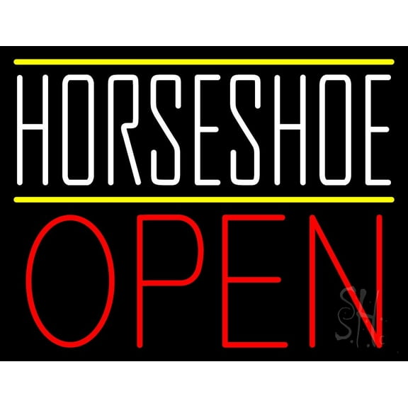 White Horseshoe Open LED Neon Sign 15 x 19 - inches, Black Square Cut Acrylic Backing, with Dimmer - Bright and Premium built indoor LED Neon Sign for store interior Décor, Storefront.