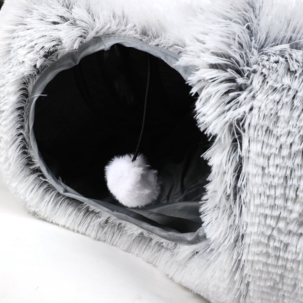 Warm Fluffy Plush Cat Dog Tunnel Bed with Washable Cushion-Big Tube Playground Toys Longer Crinkle Collapsible 3 Way, for Indoor Cat Kitten Puppy Rabbit Grey