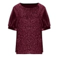 thumbnail image 5 of Laqbezok Women's Shiny Sequin Short Sleeve Top, Pullover Puff Sleeve Patchwork Blouse, Casual Sparkly Party Outfit, 5 of 6