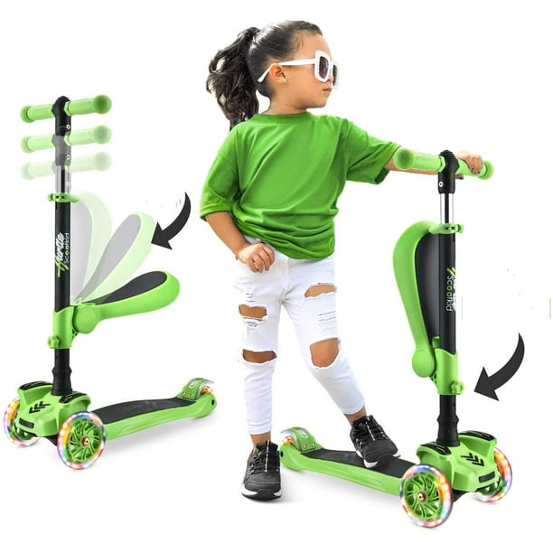 Scooter Patineta Hurtle con 3 Ruedas Luces LED Ajustable Asiento Plegable con Freno Infantil Verde Hurtle H8585433