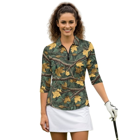 HUIACONG Comfortable Women's Golf Shirt with Autumn Leaf Pattern, Breathable 3/4 Sleeve Athletic Polo Shirts, Polyester Spandex Fabric for Workout and Tennis