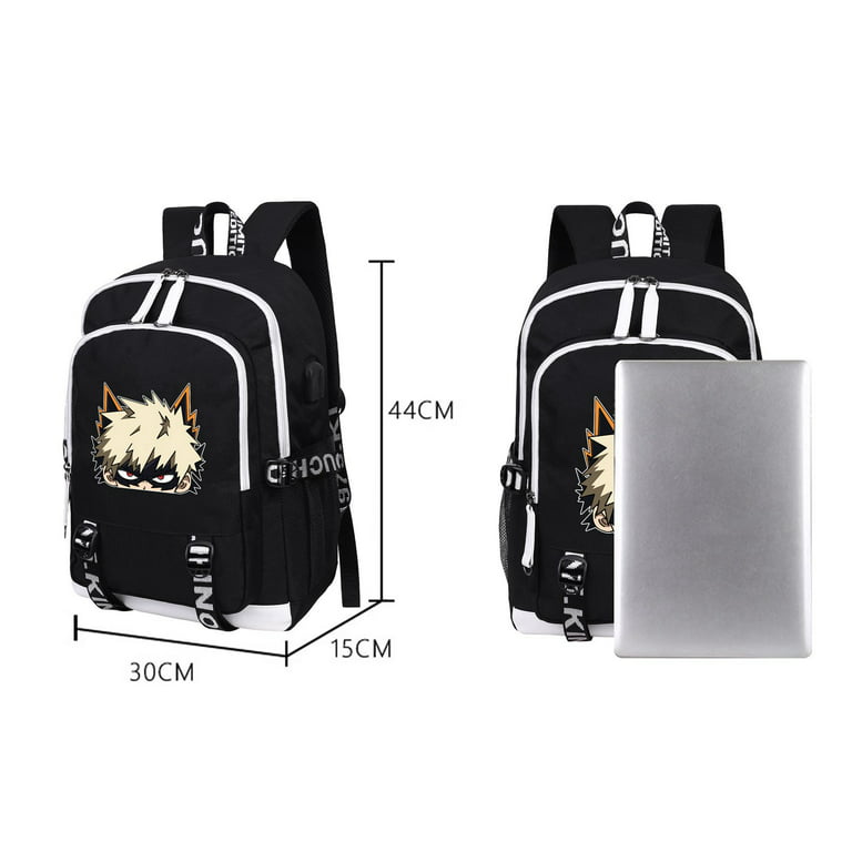 Black Cat Printed USB Backpack With Chain Headphone Port School Bags Travel  Laptop