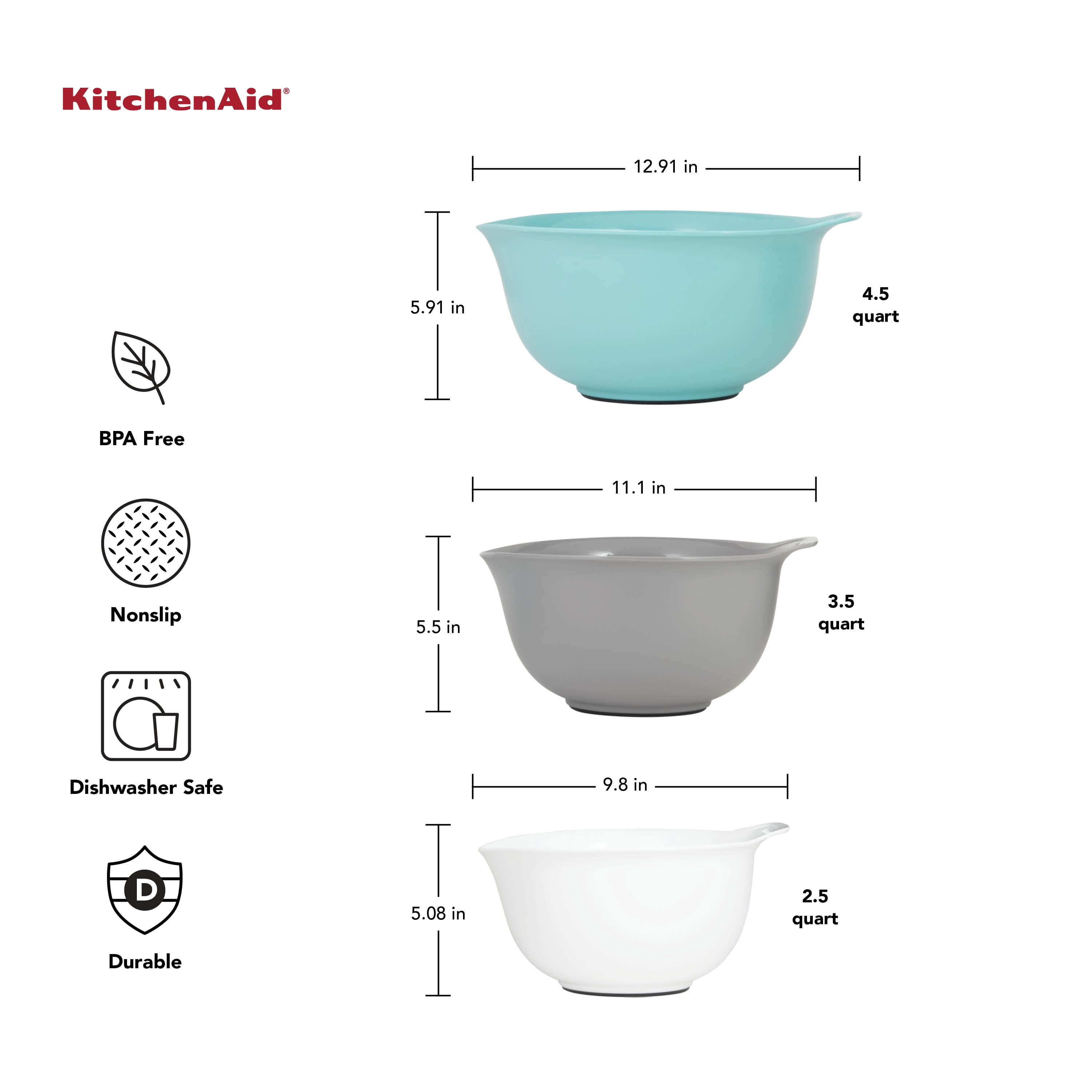 KitchenAid Universal Set of 3 Plastic Mixing Bowls Aqua Blue, Gray and White
