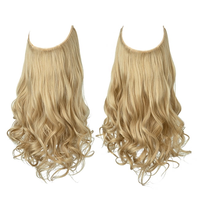 Nvzi Extensión de cabello invisible con hilo de pescar, fibra sintética larga ondulada y rizada, extensión de cabello ajustable estilo diadema, 16 pulgadas, color beige, 1 pieza, estilo A