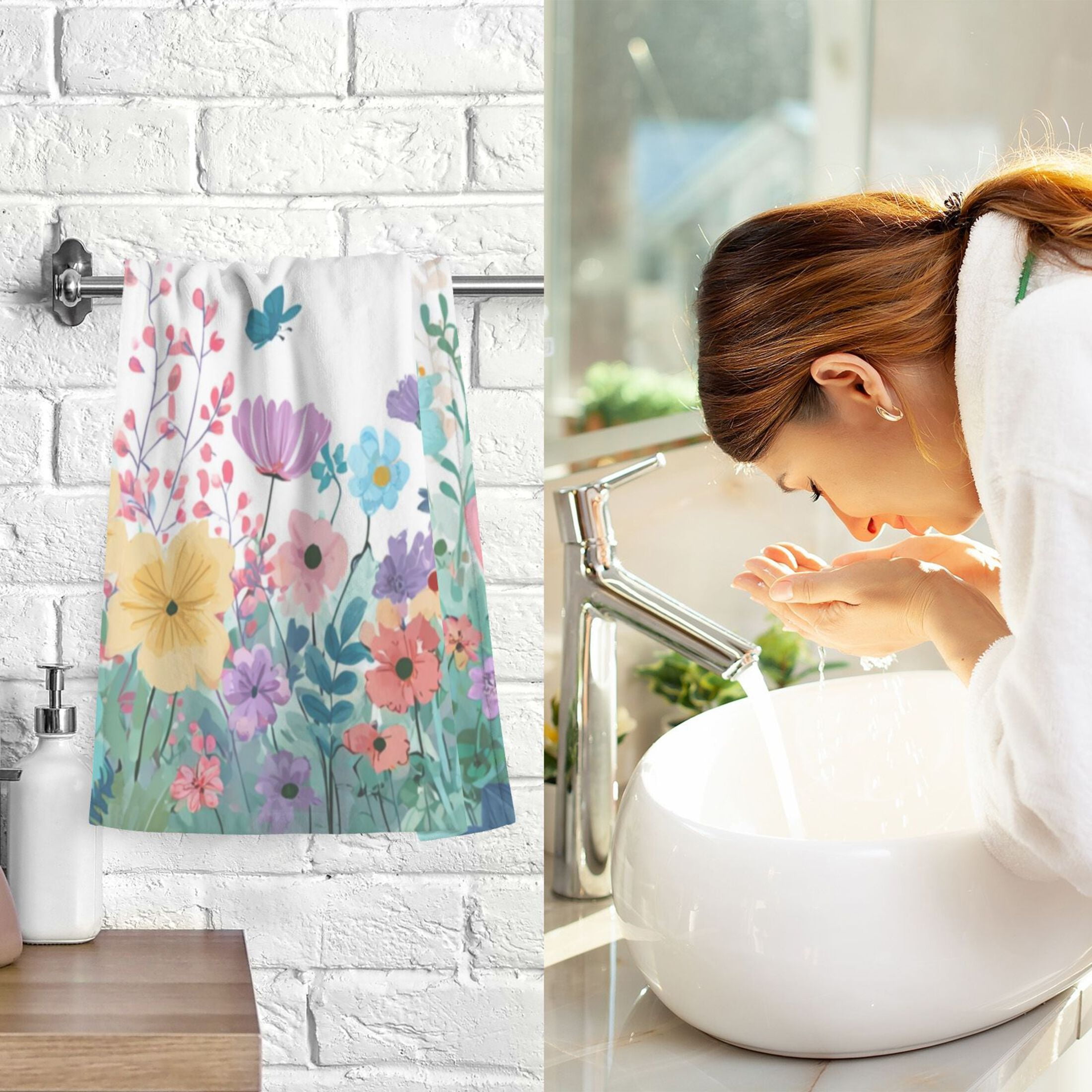 2-Pack Soft 100% Cotton & Highly Absorbent Bath Towel 2 Defferent Pattern Designs Colorful Flowers and Butterflies Black and White Line Art