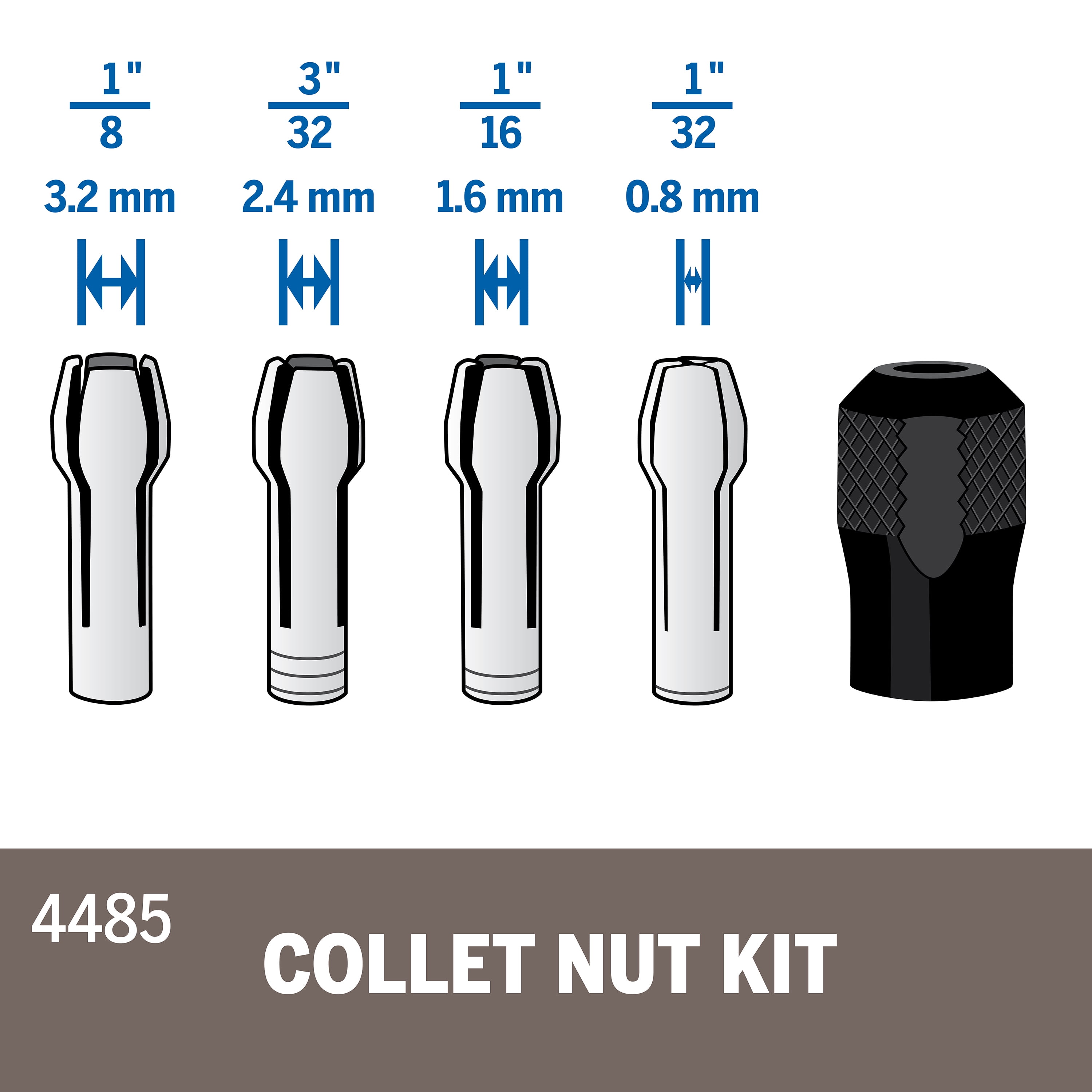 Udgående krøllet gentage Dremel 4485W Quick Change Rotary Tool Collet Nut Kit Accessory, 4 Collets  and 1 Collet Nut - Walmart.com