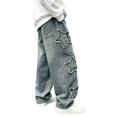 thumbnail image 4 of YunPes Boys Trendy Baggy Denim Pants Frayed Star Patch Wide Leg Jeans Vintage Y2K Casual Trousers Teen Harajuku Grunge Jeans, 4 of 9