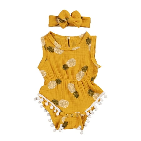 

Canrulo Toddler Infant Baby Girls Outfits Floral Sleeveless Tassel Romper Bodysuit+Headband 2Pcs Clothes Yellow 18-24 Months