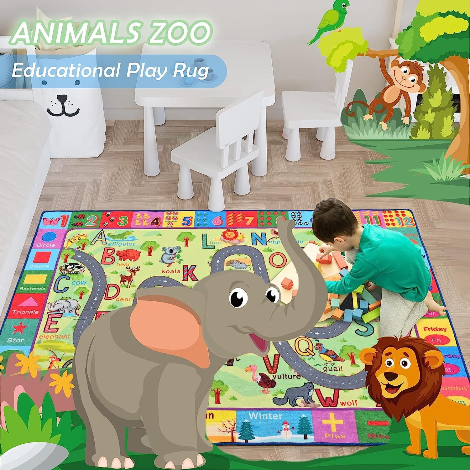 Dwelke Kids Rugs Animals Zoo Carpet Play Rug for Playroom ABC Educational Mat Alphabet Area Rug, 4'x6'