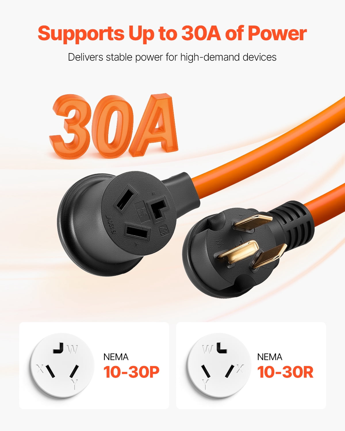 VEVOR 10 ft Dryer Extension Cord, 3-Prong NEMA 10-30P to 10-30R Dryer Cord, 125V/250V STW 10AWG/3C,30A,Pure Copper Wire Cable with Black Non-woven Bag and PVC Cable Tie,Ideal for Indoor & Outdoor