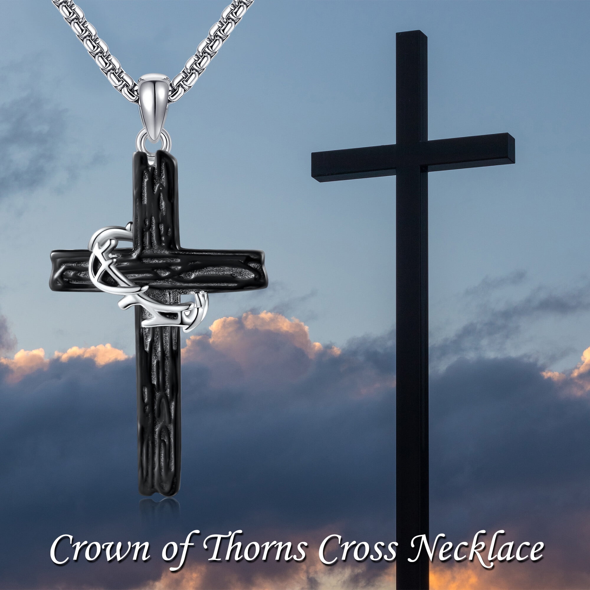 Black Cross Necklace Sterling Silver Jesus Thorn Crown Cross Necklace for Men Catholic Jewelry Gift for Father Brother Boyfriend Son
