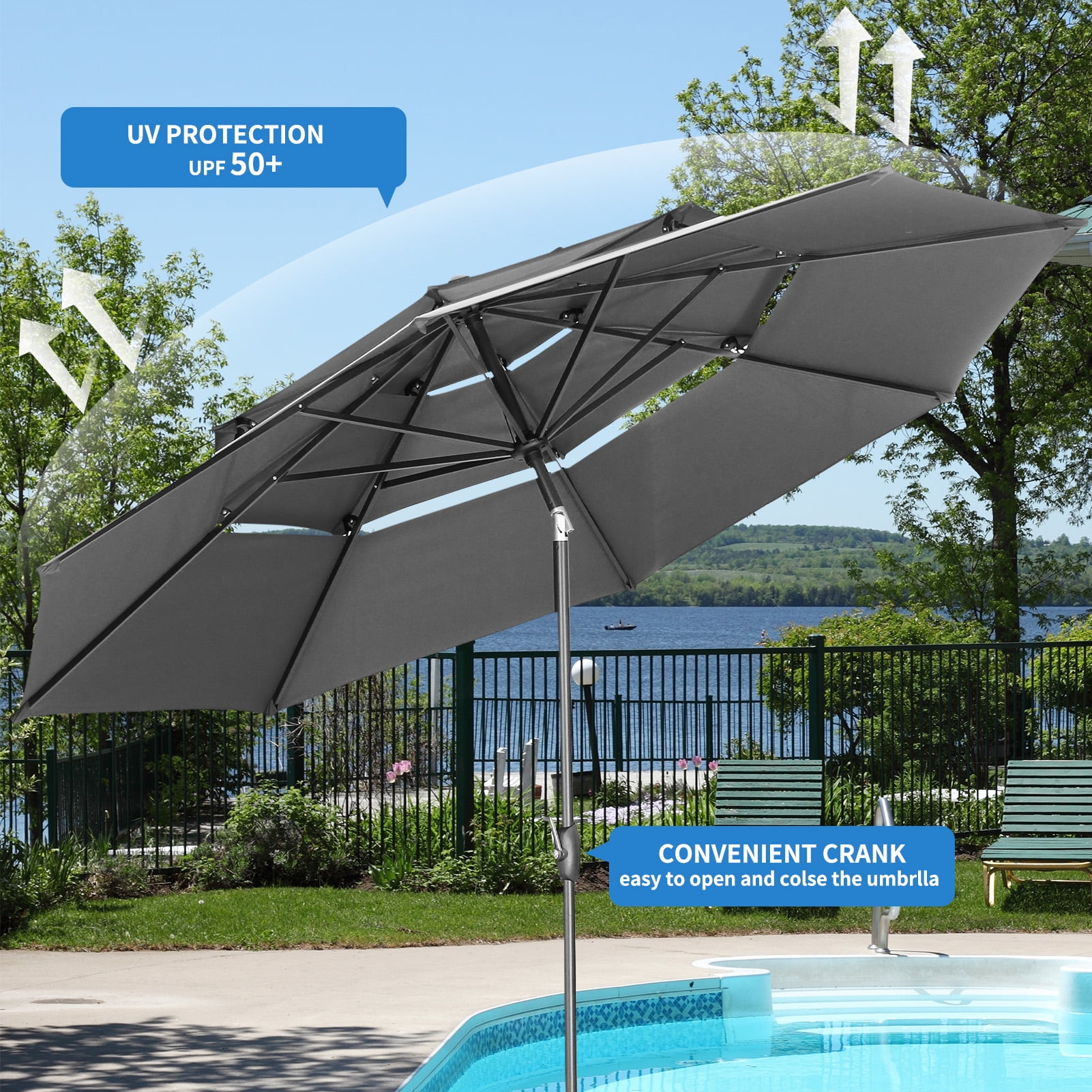 Ainfox 10ft Patio Umbrella 3 Tiers,Outdoor Table Market Umbrella w/Tilt Adjustment and Crank for Garden,Deck,Beach,Backyard,Pool,Grey