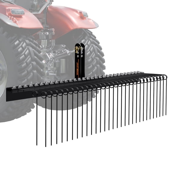 72 Inch Tow Behind Landscape Rake Dethatcher with 32 Steel Tines for Tractor Category 1 3 Point Hitch Handles Leaves Pine Needles Straw Grass