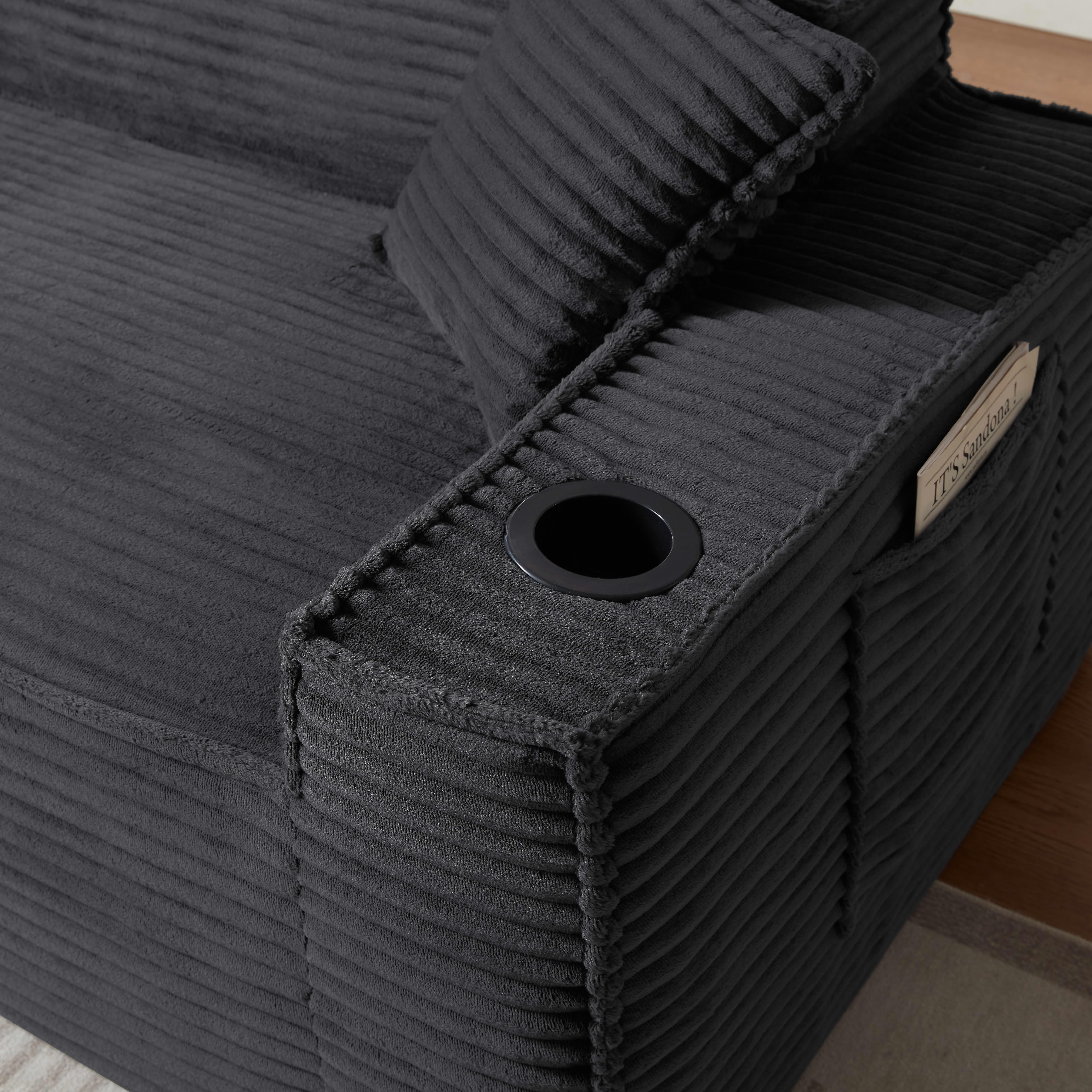 MAYEERTY Modern Minimalist Corduroy Couch with Side Pockets & Cup Holders, Space-saving for Apartments/Offices, Gray