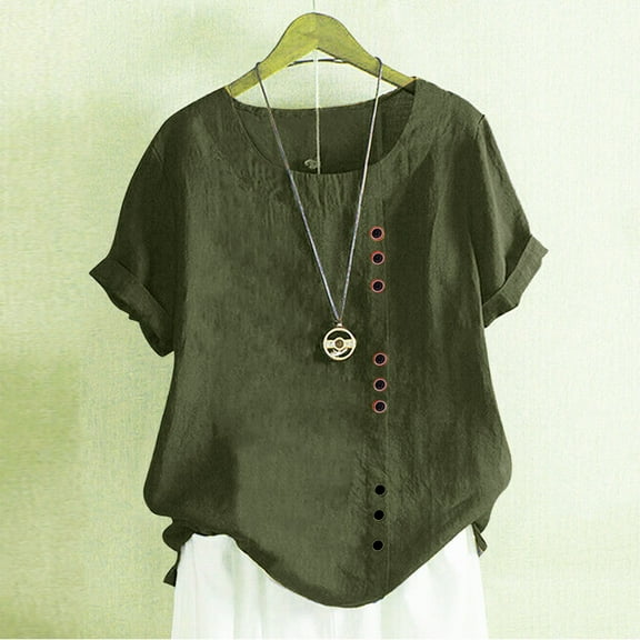 Green Womens Blouses Women's Cotton Linen Shirts Summer Casual Boho Floral Short Sleeve Blouse Oversized Loose Ladies Tunic Tops Ladies Tops and Blouses