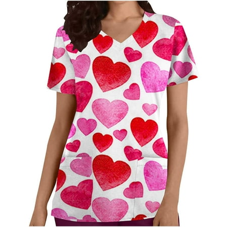 

Stamzod Nurse Uniform Women Valentine s Day Gifts Scrub Tops Clearance Fashion Casual Short Sleeve Working Uniform Heart Printing Pocket Blouse Shirts