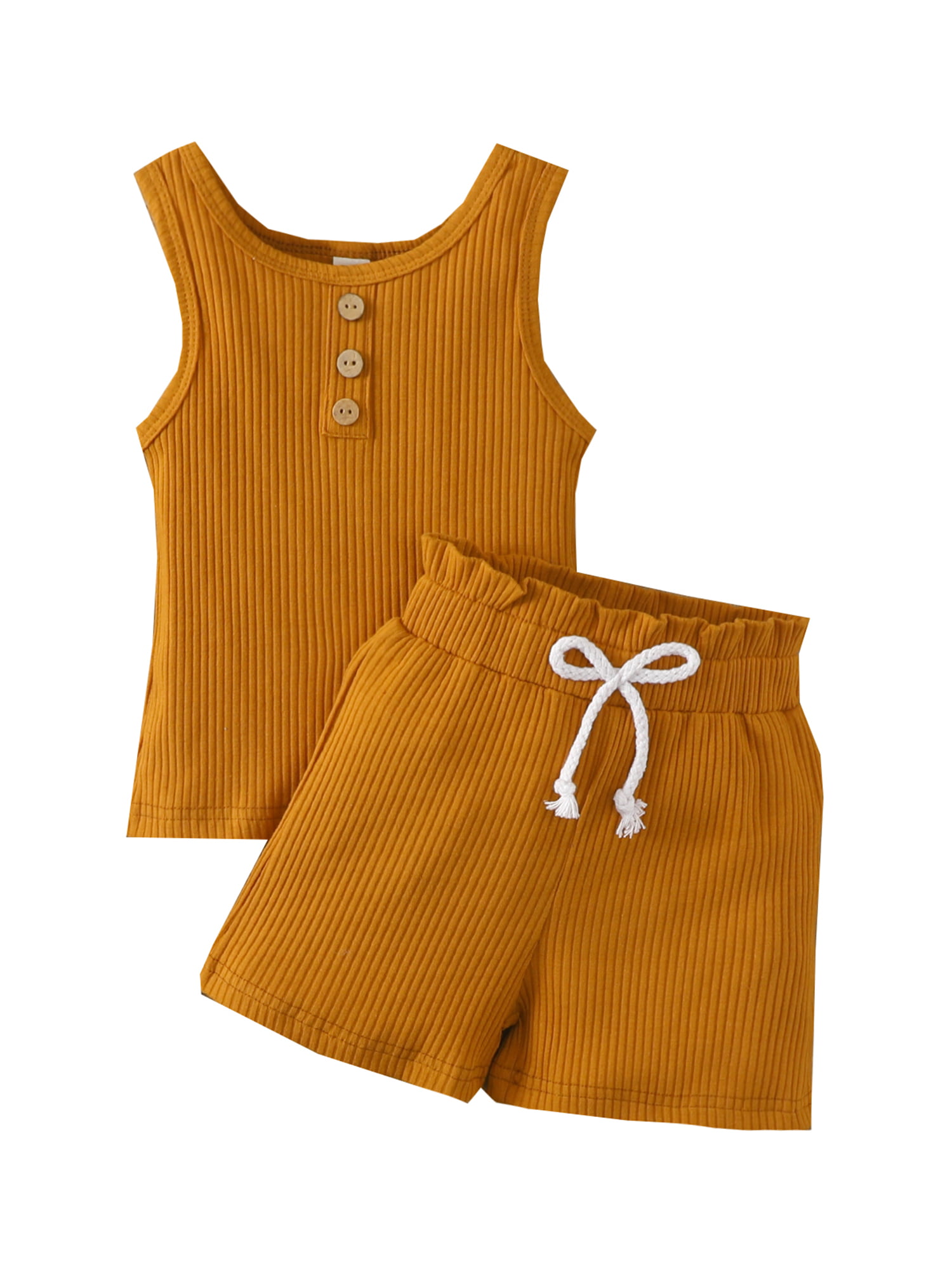 Toddler Baby Girl Boy Summer Knitted Outfit Ribbed Sleeveless Button Tank Top Drawstring Shorts 2Pcs Ribbed Clothes Set
