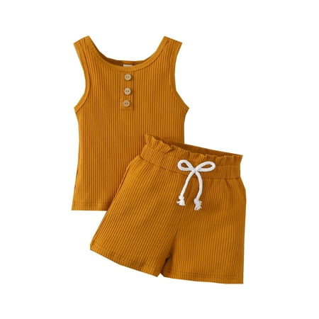 

Toddler Baby Boy Girl Summer Clothes Sleeveless Button Rib Knit Tank Tops + Shorts 2Pcs Outfit