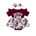 thumbnail image 2 of Infant Baby Girls Summer Romper Dress with Bow Headband Letter Floral Print Short Sleeve Round Neck Jumpsuit, 2 of 10