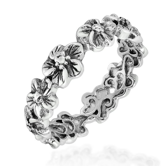 Plumeria Flowers Eternity Band .925 Silver Ring-7