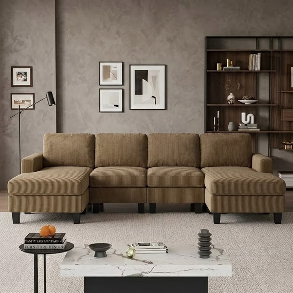Howcool 106" Cloud Sectional Sofa with Extra Deep Seat,U Shaped Sectional Couches for Living Room,4 Seater Corduroy Sofas & Couches,Modern Apartment Couch with Double Chaise Lounge,Camel