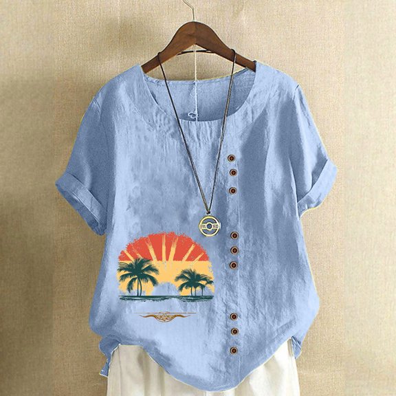 QUNYINEY Hawaiian Summer Shirts for Women Casual Short Sleeve Crew Neck Tops Loose Linen Button Pullover Shirts