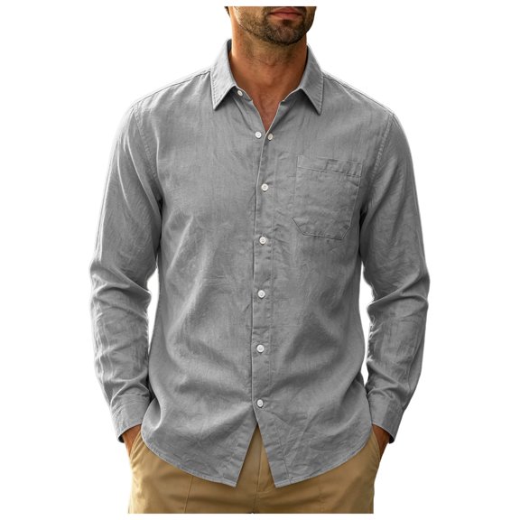 Linen Shirts for Men Long Sleeve, Casual Summer Button Down Shirt Tops, Fashionable Loose Breathable Solid Color, Grey l
