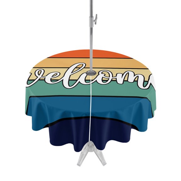 Outdoor Tablecloth with Umbrella Hole Zipper Farmhouse Wooden Plank Round Tablecloth 60" Waterproof Outside Table Cloth Colorful Stripes Vintage Wood Grain Patio Table Cover Tablecloths for Picnic