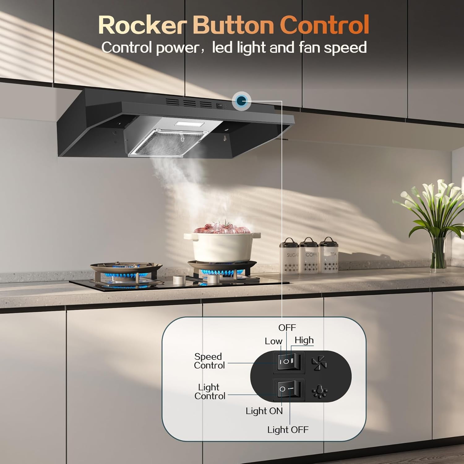 24 inch Range Hood Under Cabinet, Stainless Steel Kitchen Hood 280CFM, Ducted/Ductless Vent Hood with Rocker Button Control, Stove Hood with 2 Speeds Fan, Bright LED Light, black, silver, white