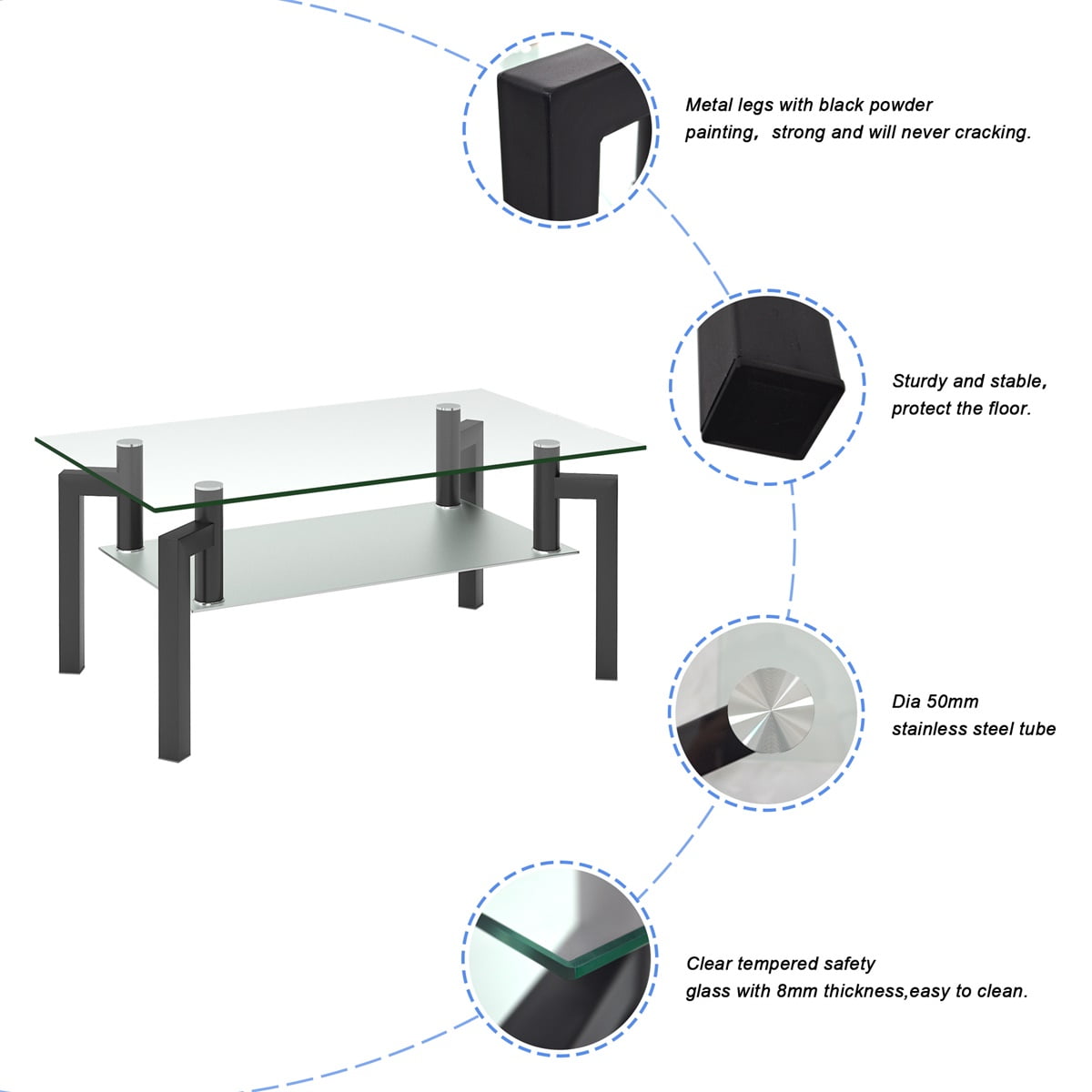 Glass Coffee Table, Rectangle Clear Coffee Table, Modern Side Center Tables for Living Room