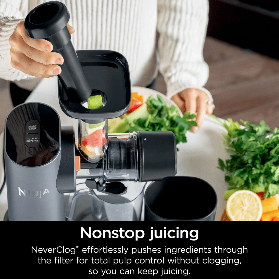 Restored Ninja NeverClog 150W Cold Press Juicer with 18oz Jug, 30oz Pulp Container, 2-Speed, Compact (Certified ) (Refurbished)
