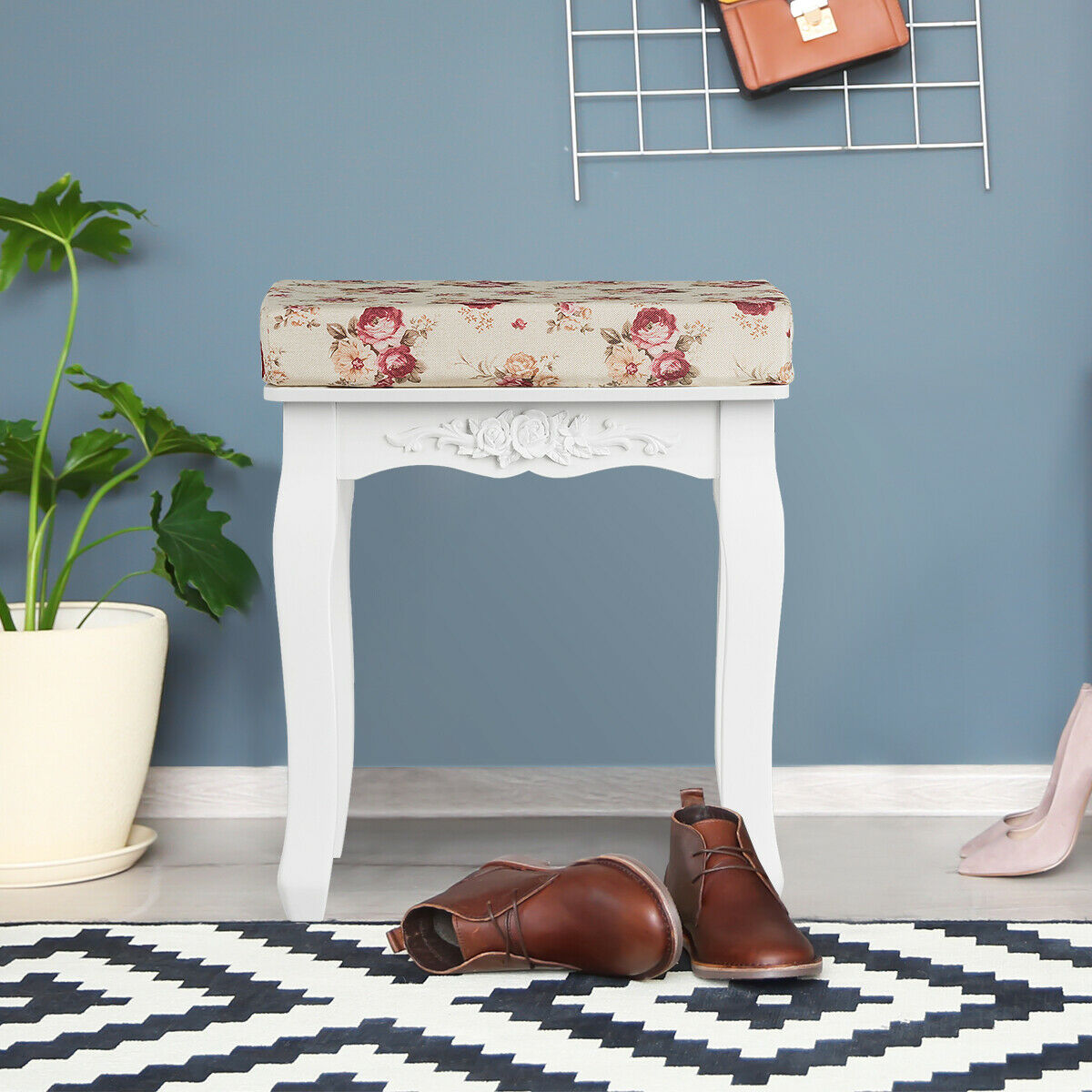 White Vanity Wood Dressing Stool Padded Chair Makeup Piano Seat W