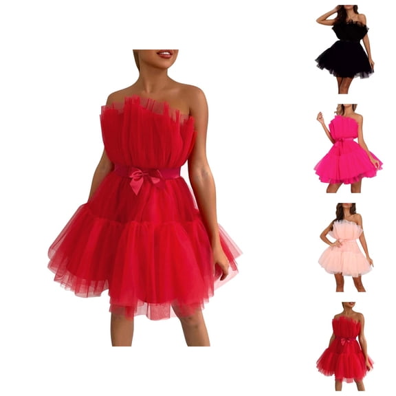 formal Gowns and Evening Dresses Holiday Party Dresses for Women European and American Tube Top Style Mesh Temperament Bowknot Tutu Dress for Women