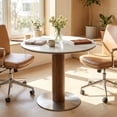 thumbnail image 3 of Finmind 31.5-inch Round Conference Table for 2-4, Small Wood Meeting Table with Thickened Sintered Stone Top and Stainless Steel Base, White & Walnut, 3 of 8