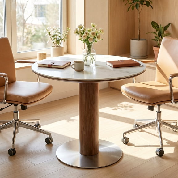 Finmind Round Conference Table for 2-4 People, 31.5-Inch Small Wood Meeting Room Table with Thickened Sintered Stone Tabletop and Stainless Steel Base ,White Walnut