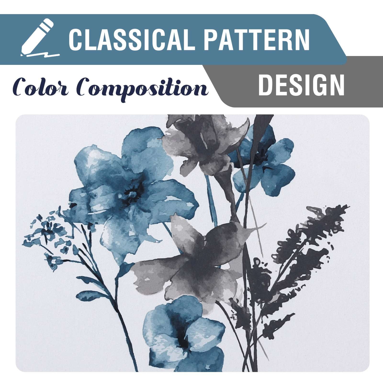 H.VERSAILTEX 100% Blackout Curtains Cattleya Floral Printed Drapes Leah Floral Thermal Bedroom Curtains for Living room with Black Liner 2 Panels,52" x 63",Grey/BLue