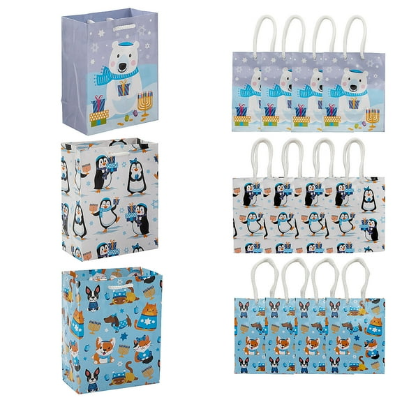 4 1/4" x 5 1/2" Small Hanukkah Animals Paper Gift Bags - 12 Pieces