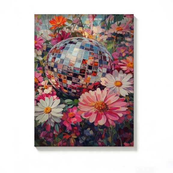 FLASHLUMI 8x12 Inch Disco Ball in Vibrant Flower Field Oil Painting Canvas Wall Art, Retro Boho Floral Decor for Living Room Bedroom, No Frame