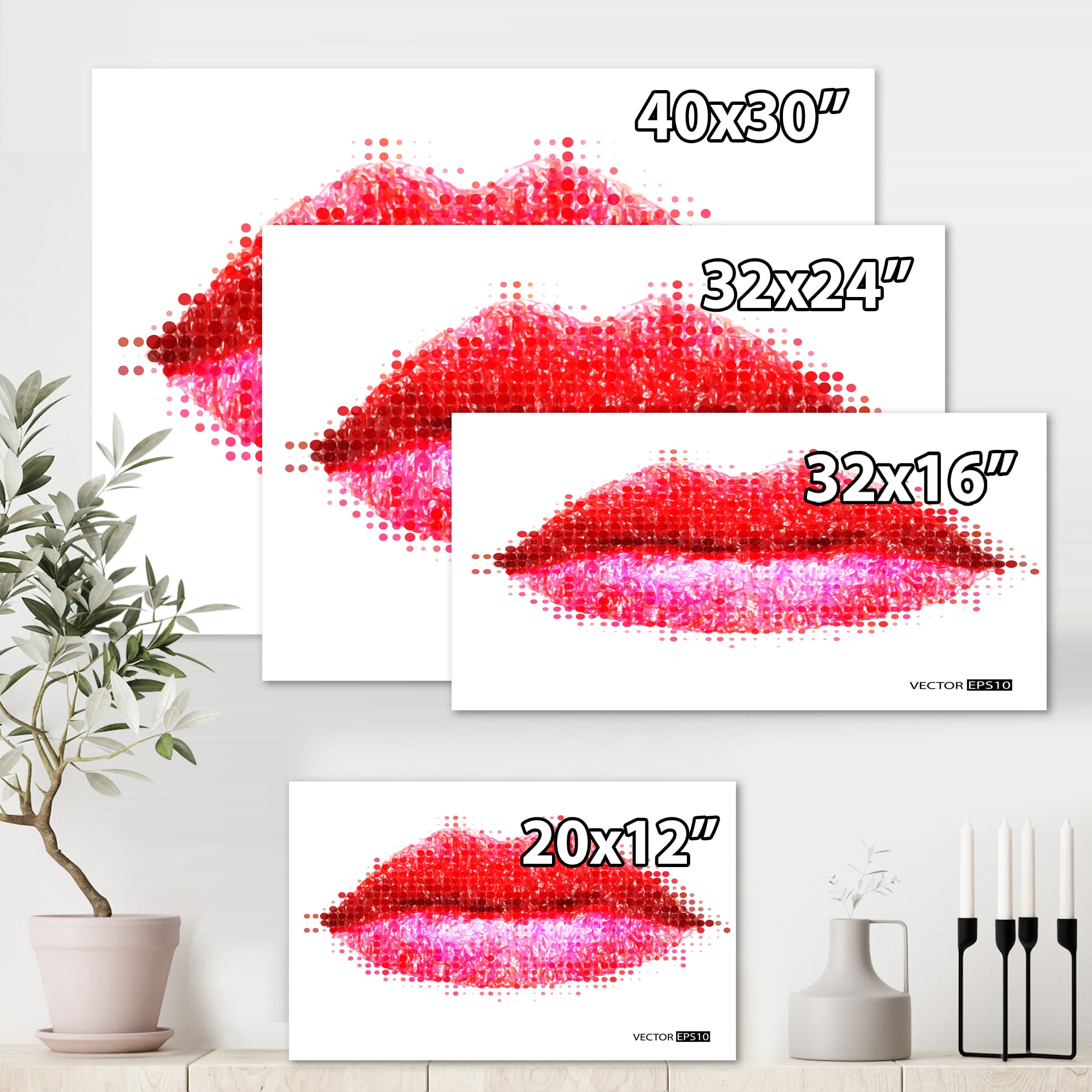 Designart ' Abstract Red Woman Lips in Pixels ' Modern Canvas Wall Art Print