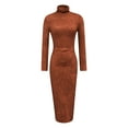 thumbnail image 2 of Women’s Faux Suede Bodycon Dress High Neck Ruched Slim Fit Vintage Midi Dress Color Brick Red Size XL, 2 of 5