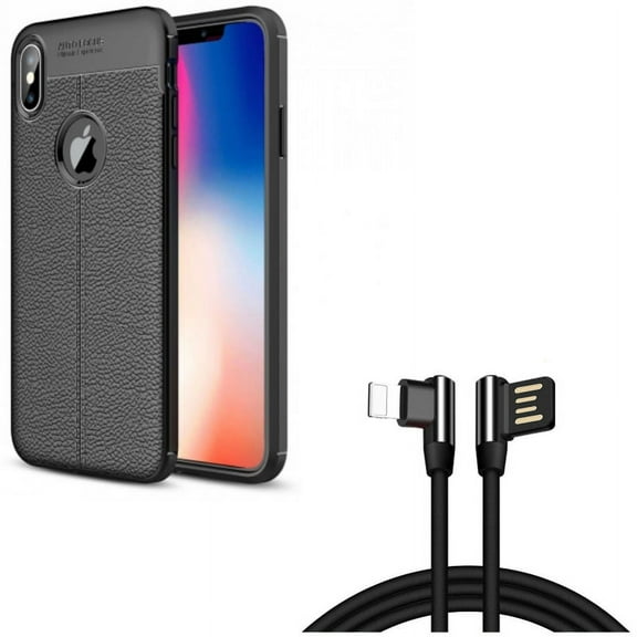 10ft Angle USB Cable w PU Leather Case for iPhone XS Max - Charger Cord Power Wire Sync 90 Degree and Slim Fit Cover Reinforced Bumper Shock Absorbent Black