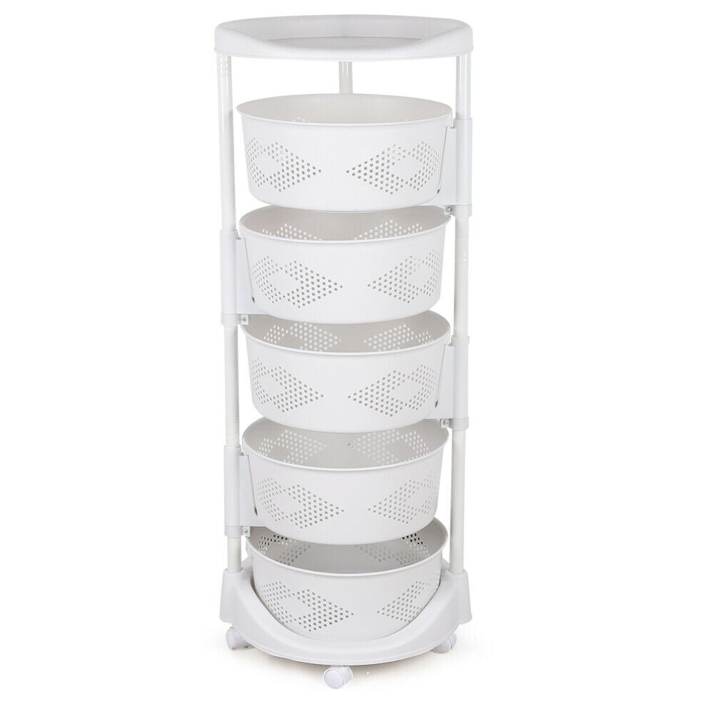5 Layer Rotating Fruit and Vegetable Baskets - Storage Basket Kitchen Rotating Organizer Rack Fruit Vegetable Storage Rack W/ Wheels