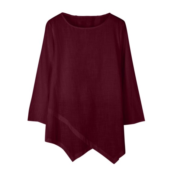 PLHWHYQ Women's Spring Summer Long Sleeve T‑Shirt, Round Neck Irregular Hem Solid Color Casual Loose Top Red S
