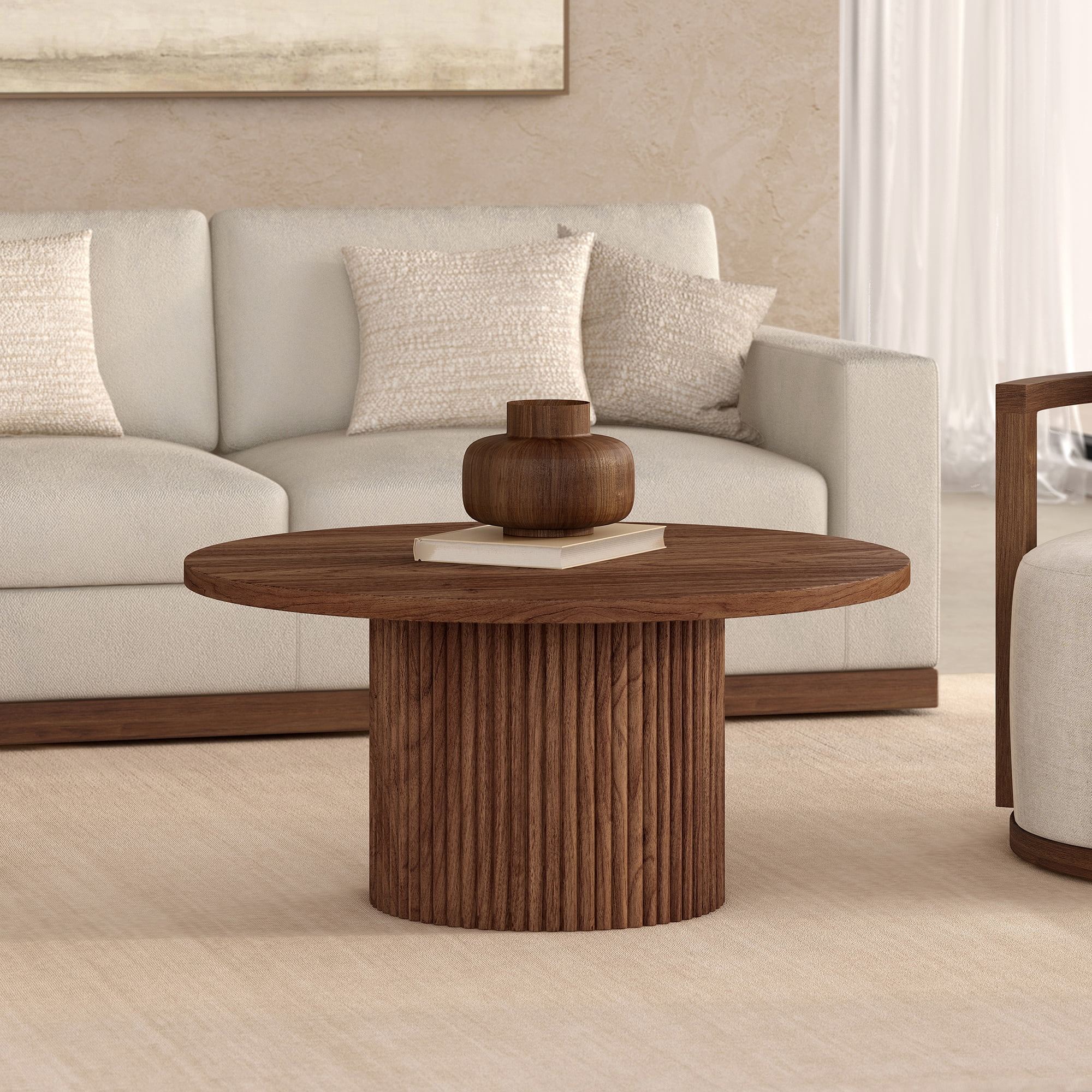 Rollan 32" Wide Round Fluted Coffee Table in Satin Walnut